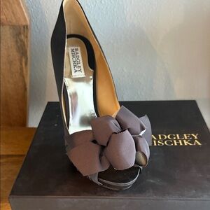Badgley Mischka Black Peep-Toe Pump with Taupe Bow Accent